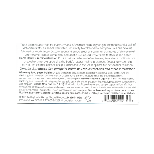 Back label text detailing directions, ingredients, and usage instructions for a handcrafted remineralization dental kit made in the USA, featured in Health & Wellness and Grooming collections.