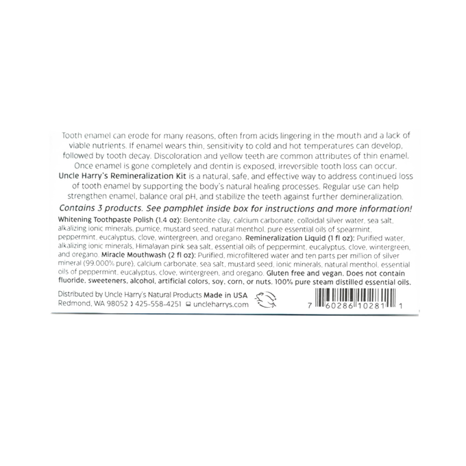 Back label text detailing directions, ingredients, and usage instructions for a handcrafted remineralization dental kit made in the USA, featured in Health & Wellness and Grooming collections.