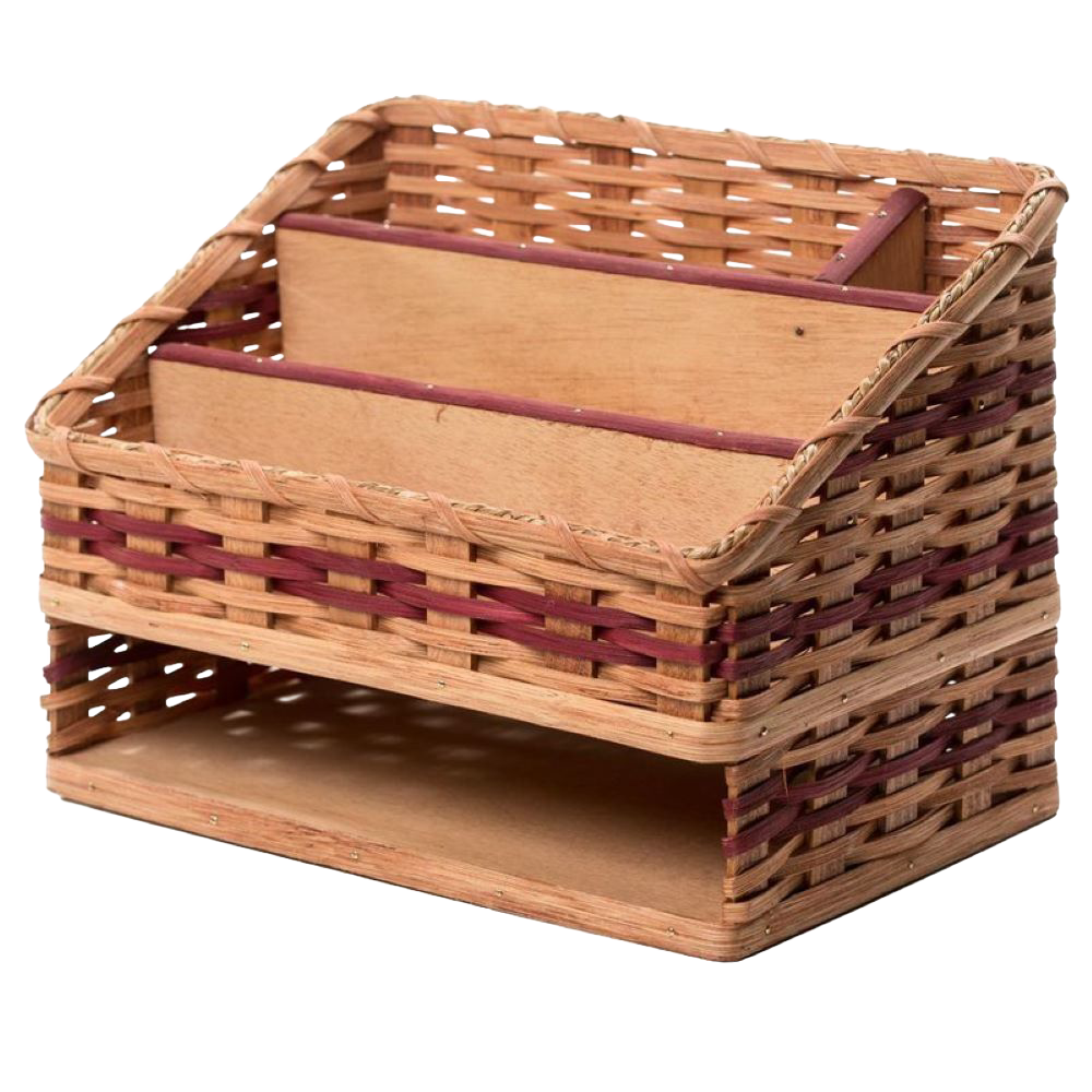 Handcrafted Amish-made desk organizer featuring woven basket-style sides and wooden dividers, perfect for organizing papers and pens, ideal for Home & Decor and USA Made collections.