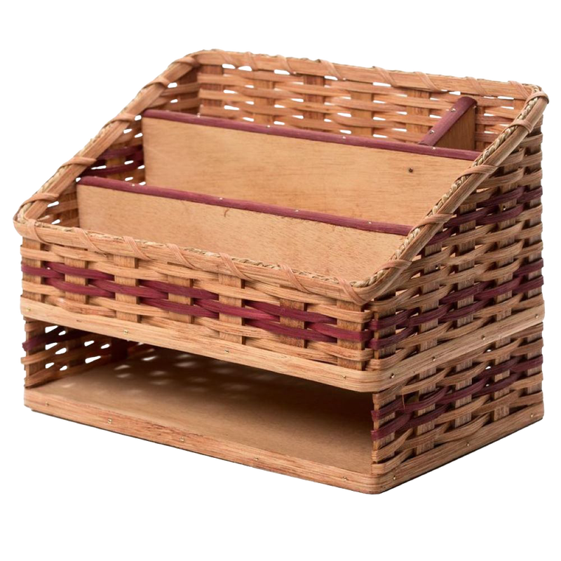 Handcrafted Amish-made desk organizer featuring woven basket-style sides and wooden dividers, perfect for organizing papers and pens, ideal for Home & Decor and USA Made collections.
