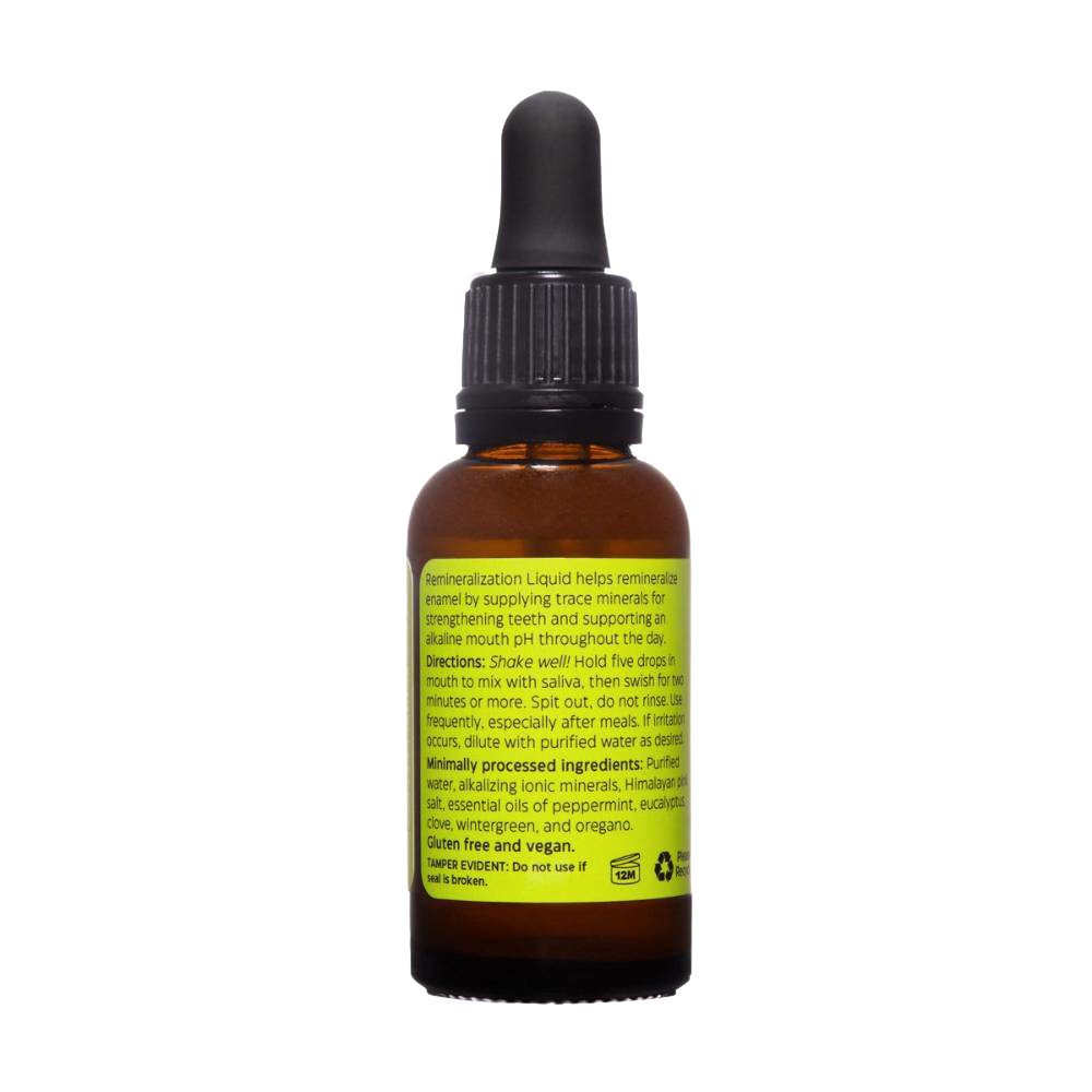Amber glass bottle with black dropper cap containing handcrafted remineralization liquid for tooth enamel, gluten-free and vegan, made in USA, featured in Health & Wellness and Grooming collections.
