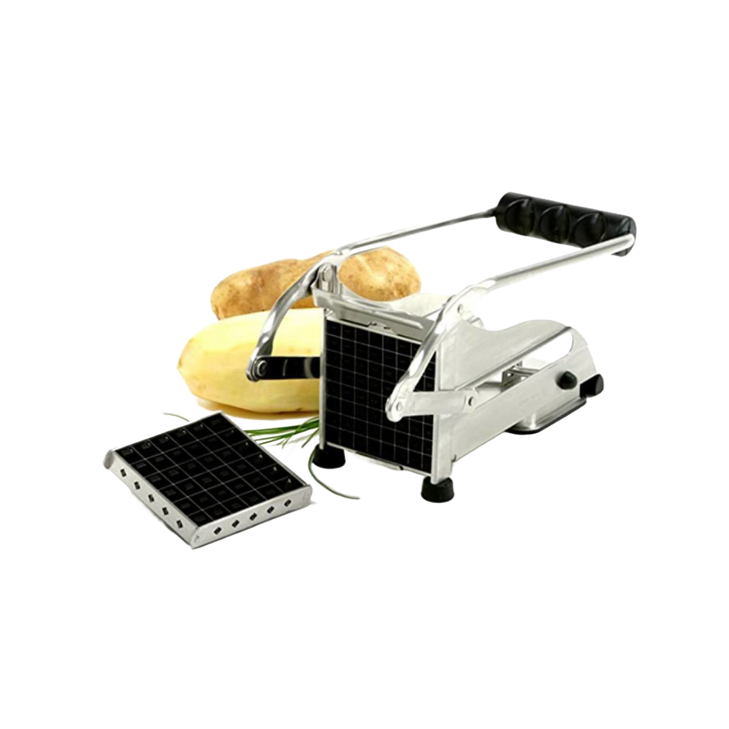 Stainless steel French fry cutter with black rubber handle and interchangeable blades, featuring a suction cup base for secure countertop use, ideal for Kitchen & Food and Food Prep collections.
