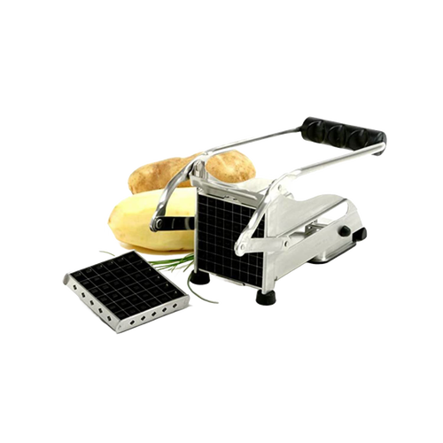 Stainless steel French fry cutter with black rubber handle and interchangeable blades, featuring a suction cup base for secure countertop use, ideal for Kitchen & Food and Food Prep collections.