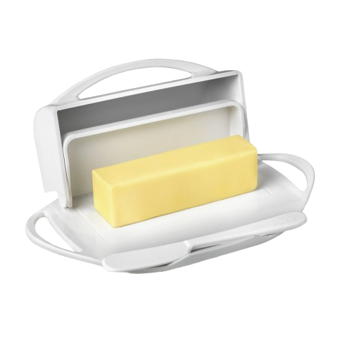 White flip-top butter dish holding a rectangular stick of butter with a matching spreader resting in a front cradle, designed for tidy, mess-free use in Kitchen & Food and Storage and Serving collections.