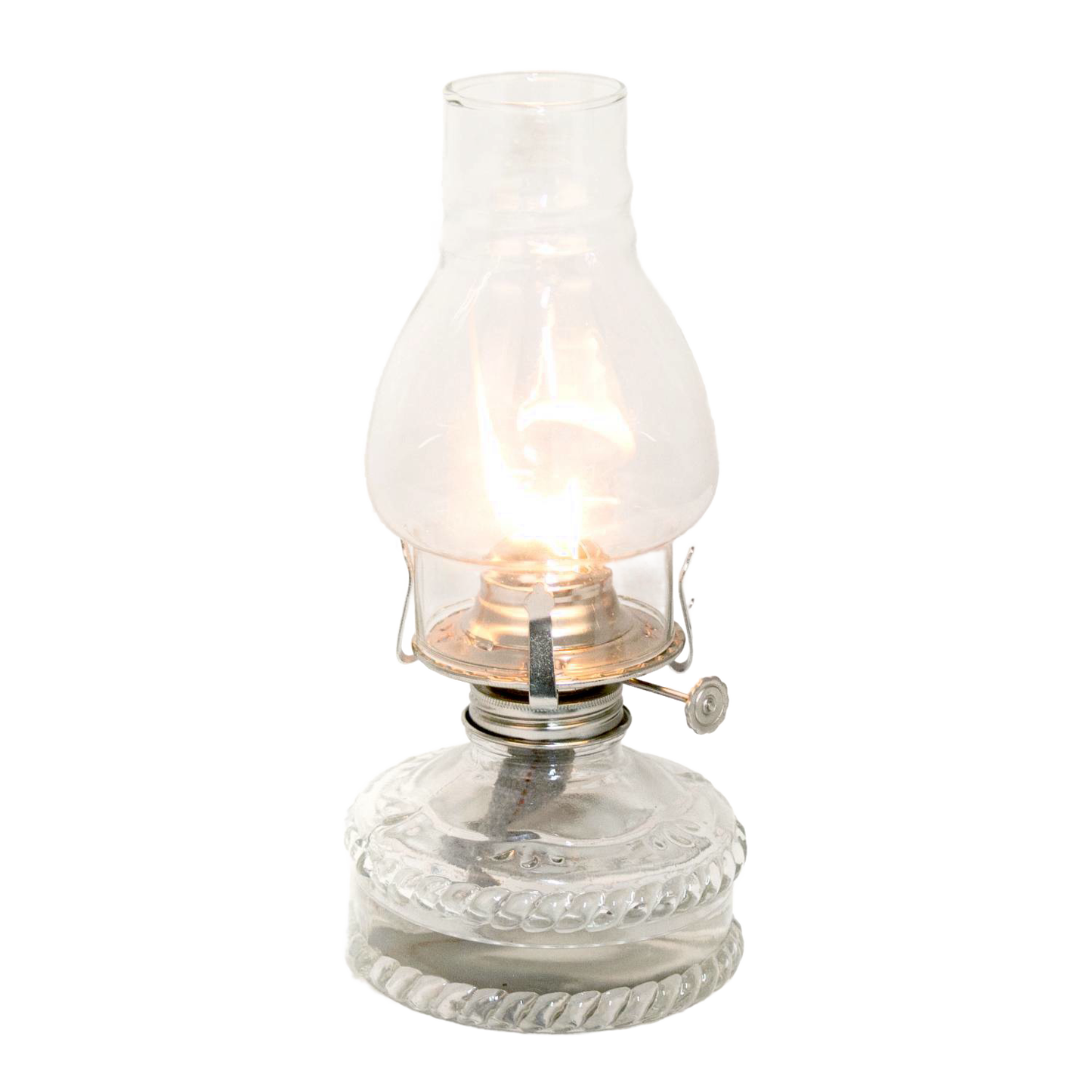 Handcrafted clear glass oil lamp with a lit flame, featuring a decorative fuel reservoir and standard burner, ideal for Farm, Garden & Tool, Lamps & Lighting, and Emergency Supplies collections.