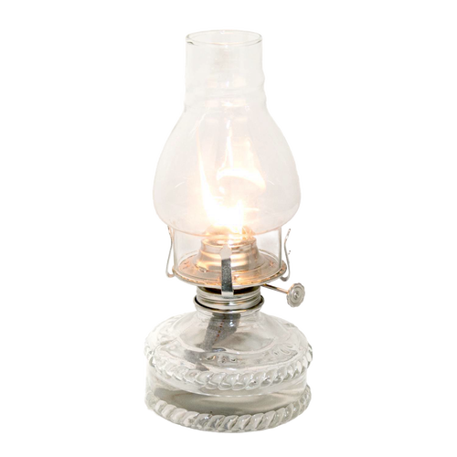 Handcrafted clear glass oil lamp with a lit flame, featuring a decorative fuel reservoir and standard burner, ideal for Farm, Garden & Tool, Lamps & Lighting, and Emergency Supplies collections.