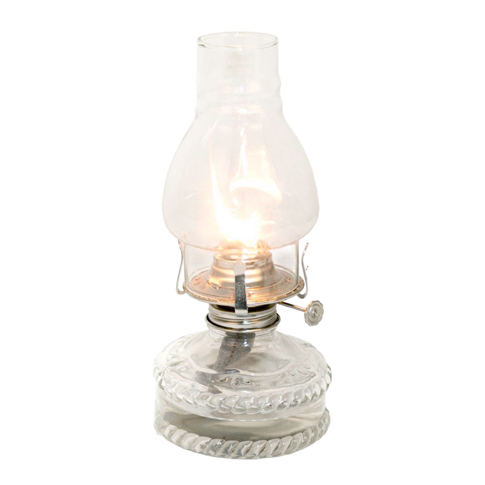 Handcrafted clear glass oil lamp with a lit flame, featuring a decorative fuel reservoir and standard burner, ideal for Farm, Garden & Tool, Lamps & Lighting, and Emergency Supplies collections.