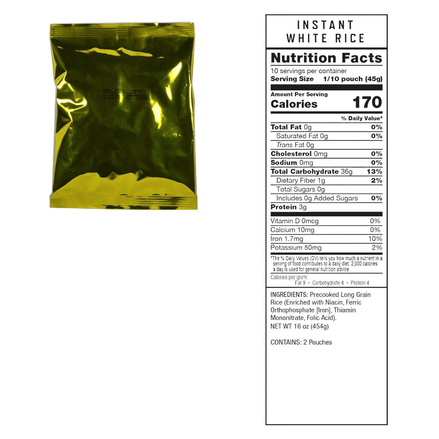 Gold foil emergency food packet with nutrition facts panel showing 140 calories per serving, packaged for long-term freeze-dried storage in emergency supplies, pantry, and USA Made collections.