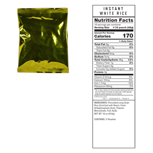 Gold foil emergency food packet with nutrition facts panel showing 140 calories per serving, packaged for long-term freeze-dried storage in emergency supplies, pantry, and USA Made collections.