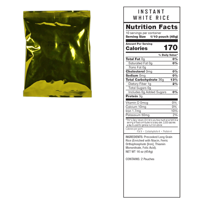 Gold foil emergency food packet with nutrition facts panel showing 140 calories per serving, packaged for long-term freeze-dried storage in emergency supplies, pantry, and USA Made collections.