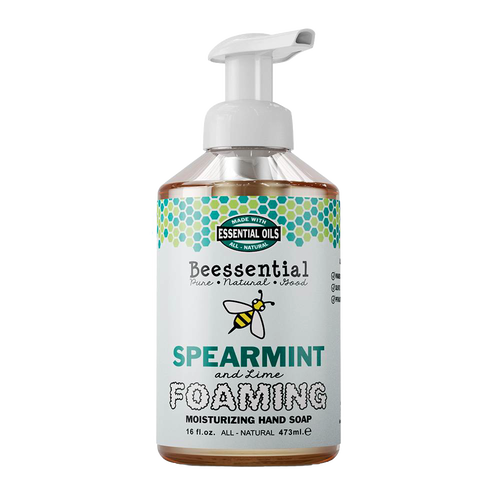 Handcrafted natural foaming hand soap in spearmint and lime scent, made in the USA, moisturizing formula in a 16 fl oz pump bottle, ideal for Health & Wellness and Soaps collections.
