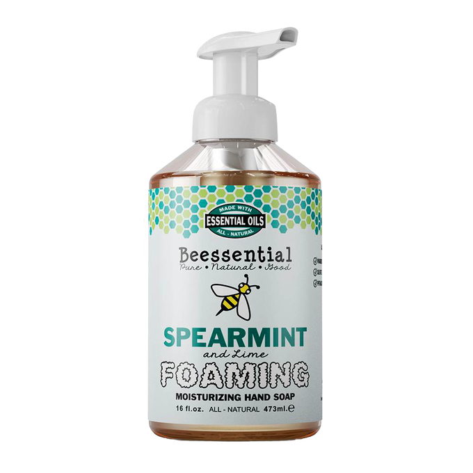 Handcrafted natural foaming hand soap in spearmint and lime scent, made in the USA, moisturizing formula in a 16 fl oz pump bottle, ideal for Health & Wellness and Soaps collections.