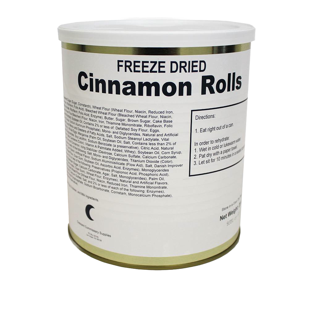 Tin can of USA-made freeze-dried cinnamon rolls with label detailing ingredients and preparation instructions, featured in Kitchen & Food and Emergency Supplies collections.