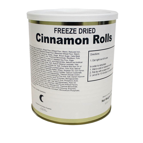 Tin can of USA-made freeze-dried cinnamon rolls with label detailing ingredients and preparation instructions, featured in Kitchen & Food and Emergency Supplies collections.