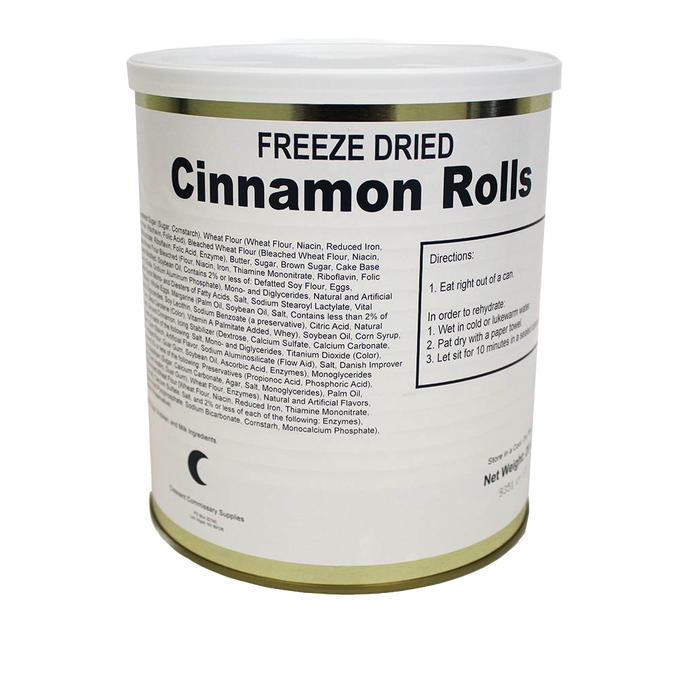 Tin can of USA-made freeze-dried cinnamon rolls with label detailing ingredients and preparation instructions, featured in Kitchen & Food and Emergency Supplies collections.