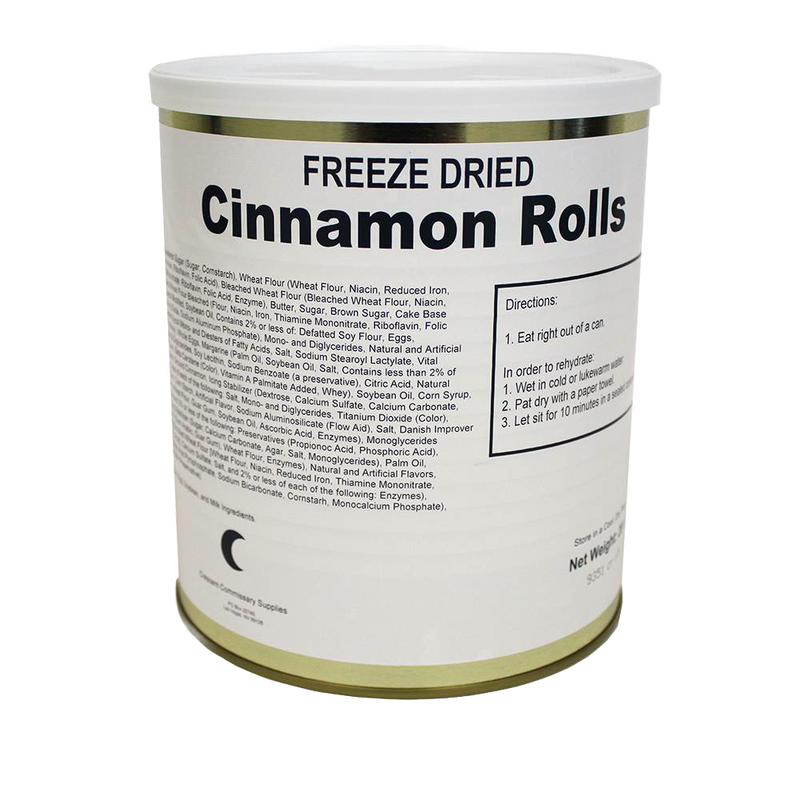 Tin can of USA-made freeze-dried cinnamon rolls with label detailing ingredients and preparation instructions, featured in Kitchen & Food and Emergency Supplies collections.