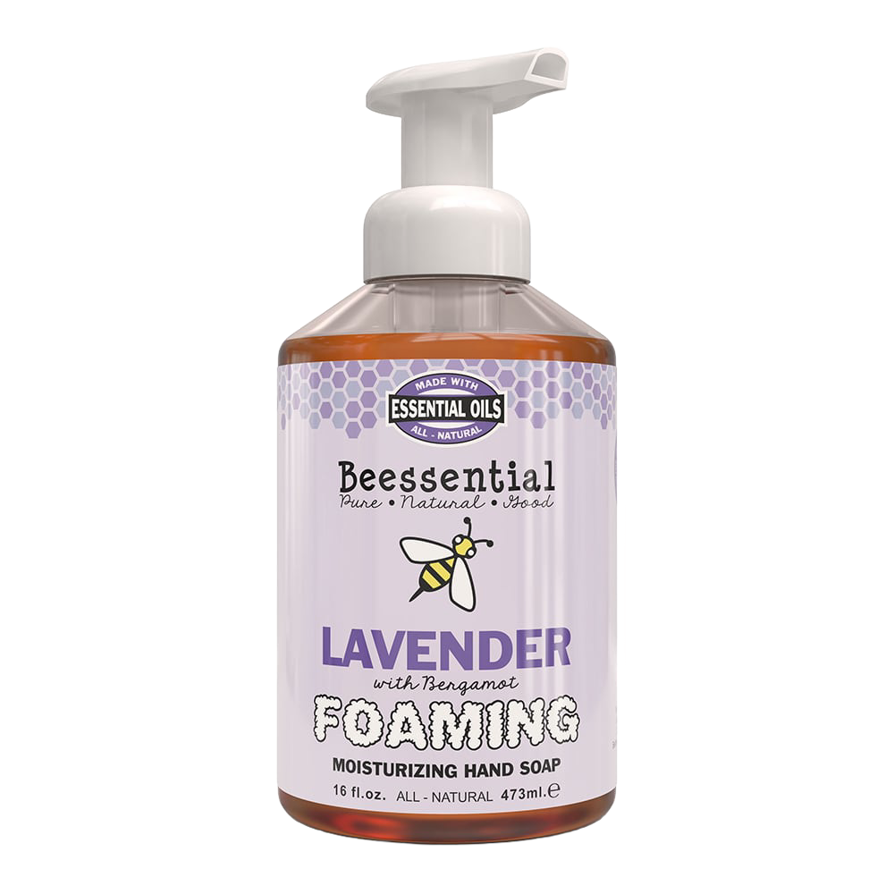 Bottle of handcrafted natural foaming hand soap in lavender and bergamot scent, made in the USA, ideal for Health & Wellness, Soaps, and Best Sellers collections.