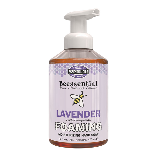 Bottle of handcrafted natural foaming hand soap in lavender and bergamot scent, made in the USA, ideal for Health & Wellness, Soaps, and Best Sellers collections.