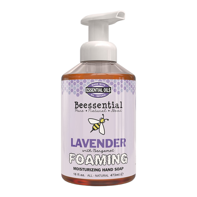 Bottle of handcrafted natural foaming hand soap in lavender and bergamot scent, made in the USA, ideal for Health & Wellness, Soaps, and Best Sellers collections.