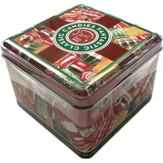 Square metal tin featuring a colorful assortment of classic old-fashioned hard candies with stripes and swirls, handcrafted in the USA, perfect for Kitchen & Food and Snacks and Sweets collections.
