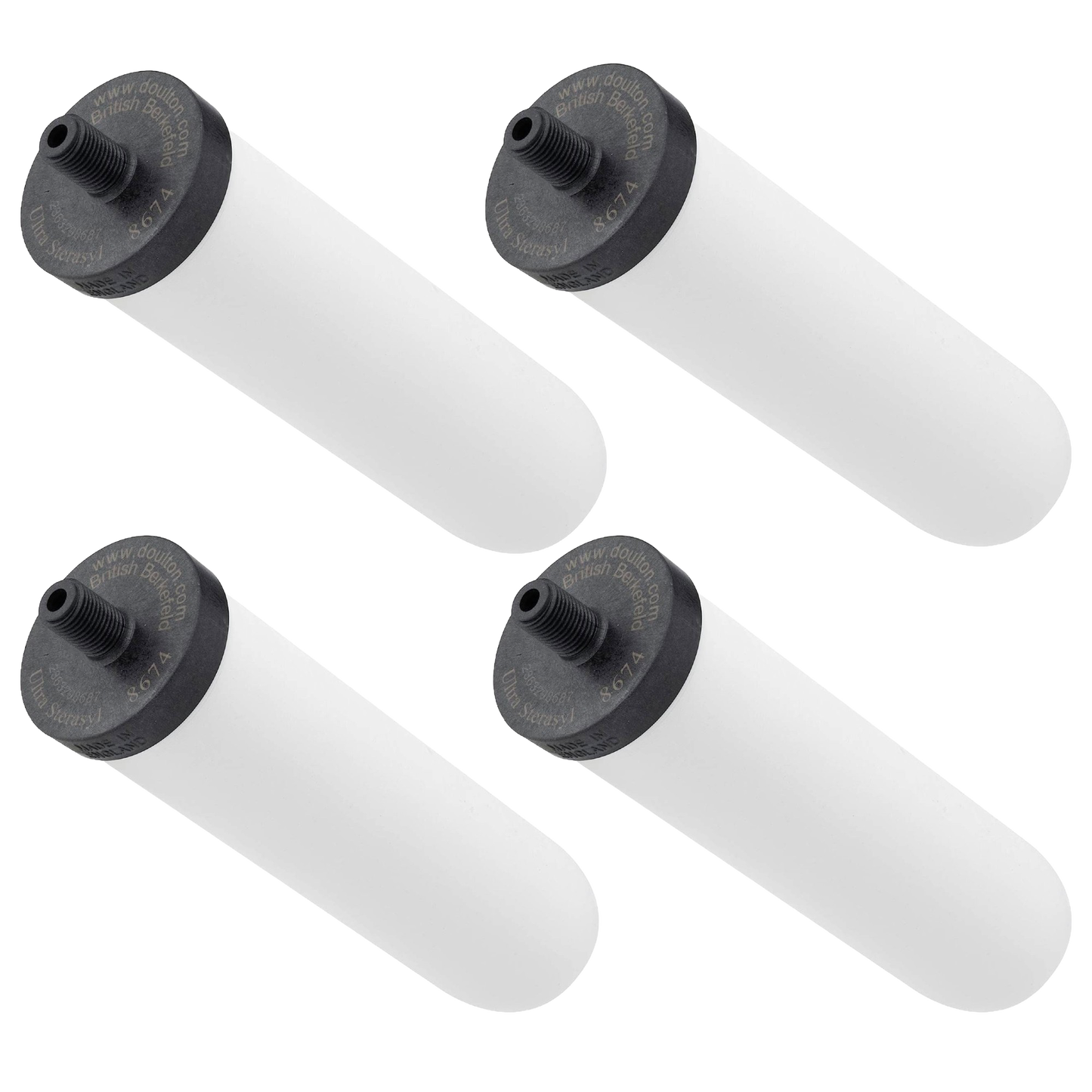 Set of four white ceramic water filter elements with black threaded tops, designed for gravity filtration systems and featured in Farm, Garden & Tool, Appliances, and Emergency Supplies collections.
