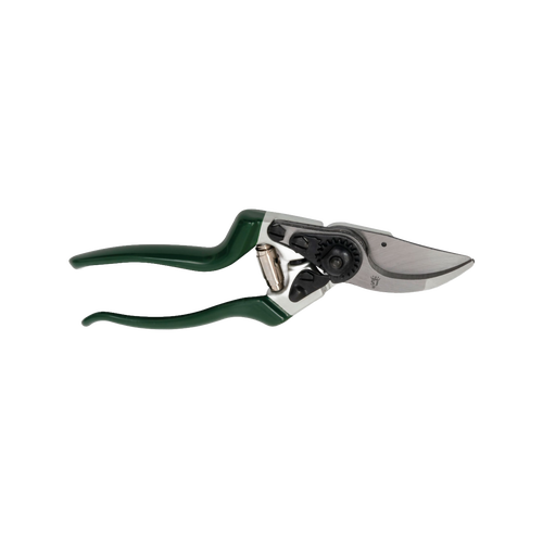 Heavy-duty green-handled left-handed bypass pruners with a notched stainless steel blade, designed for precise shrub and rose trimming, featured in Farm, Garden & Tool collections.