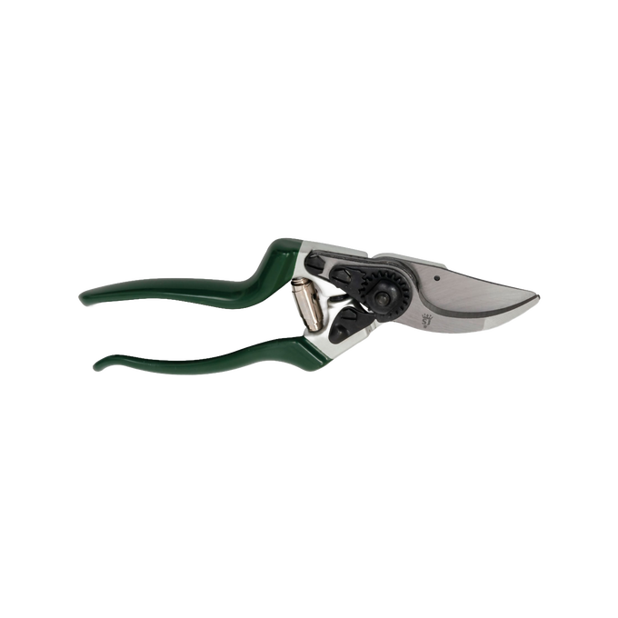 Heavy-duty green-handled left-handed bypass pruners with a notched stainless steel blade, designed for precise shrub and rose trimming, featured in Farm, Garden & Tool collections.