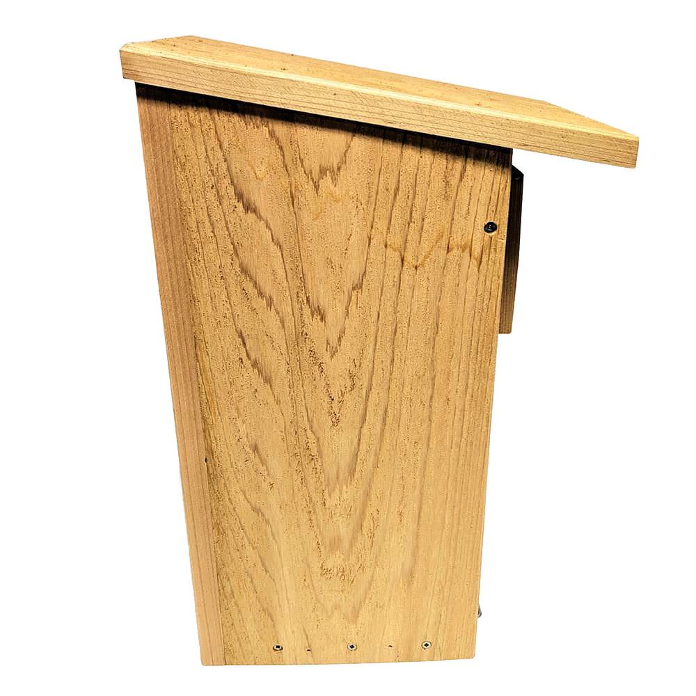 Handcrafted nest box made in the USA from durable unfinished kiln-dried cedar with a slanted roof and front access, perfect for farm, garden, and outdoor use in bird shelter collections.