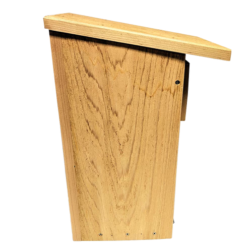 Handcrafted nest box made in the USA from durable unfinished kiln-dried cedar with a slanted roof and front access, perfect for farm, garden, and outdoor use in bird shelter collections.