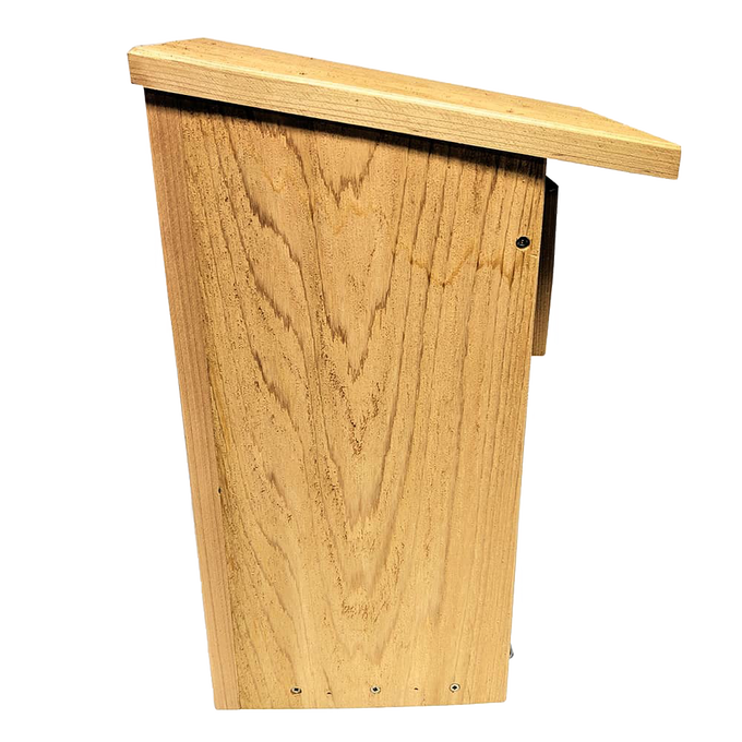 Handcrafted nest box made in the USA from durable unfinished kiln-dried cedar with a slanted roof and front access, perfect for farm, garden, and outdoor use in bird shelter collections.