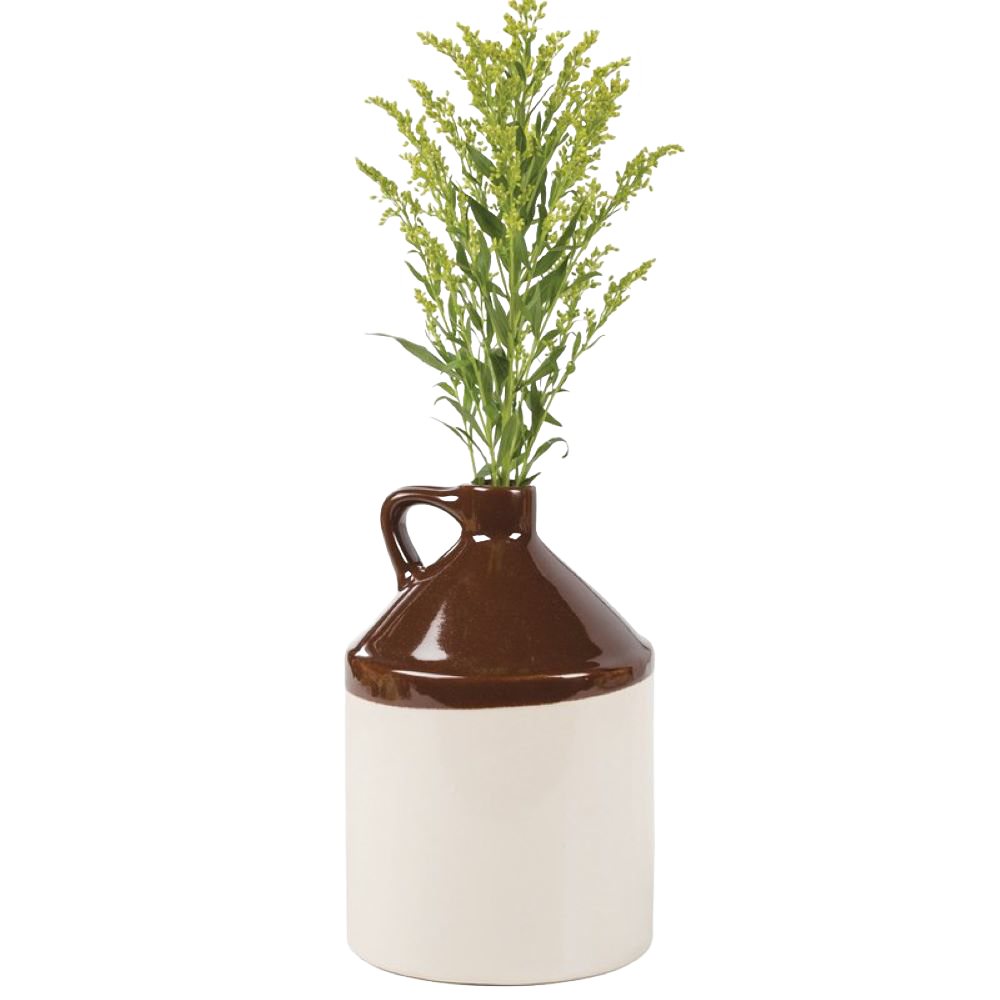 Handcrafted stoneware jug with a brown glazed top and cream-colored base, featuring a handle and filled with green foliage, ideal for Kitchen & Food, Storage and Serving, Best Sellers, and Promo Eligible collections.