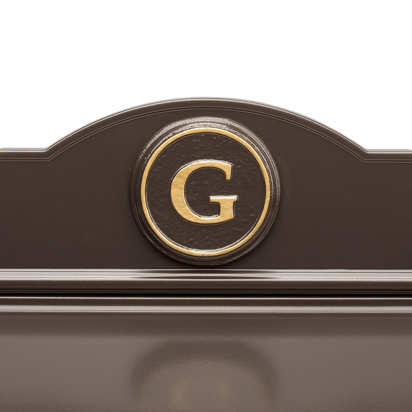 Close-up of handcrafted bronze wall mount mailbox featuring a gold letter G monogram, made in USA, perfect for Home & Decor, Mailboxes and Address Signs, and USA Made collections.