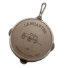 Bottom view of a handcrafted Lancaster cast iron skillet with embossed horse-drawn wagon design, size 10, made in USA, ideal for Kitchen & Food, Cast Iron, Camping, and Farm collections