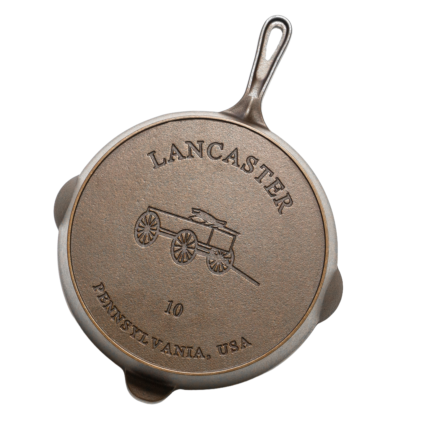Bottom view of a handcrafted Lancaster cast iron skillet with embossed horse-drawn wagon design, size 10, made in USA, ideal for Kitchen & Food, Cast Iron, Camping, and Farm collections