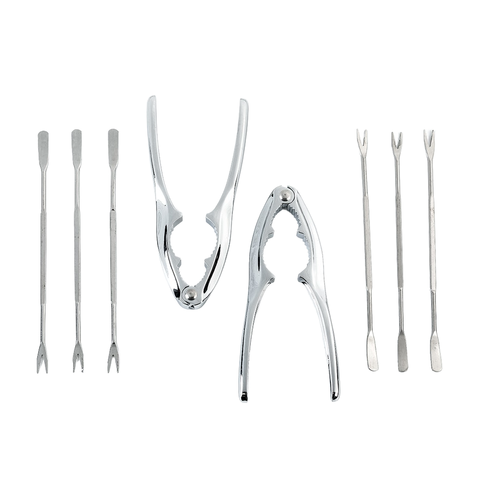Handcrafted seafood tool set featuring two shiny metal crackers and six double-ended picks designed for clams, oysters, mussels, and shellfish, ideal for Kitchen & Food and Kitchen Gadgets collections.