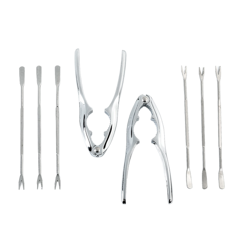Handcrafted seafood tool set featuring two shiny metal crackers and six double-ended picks designed for clams, oysters, mussels, and shellfish, ideal for Kitchen & Food and Kitchen Gadgets collections.