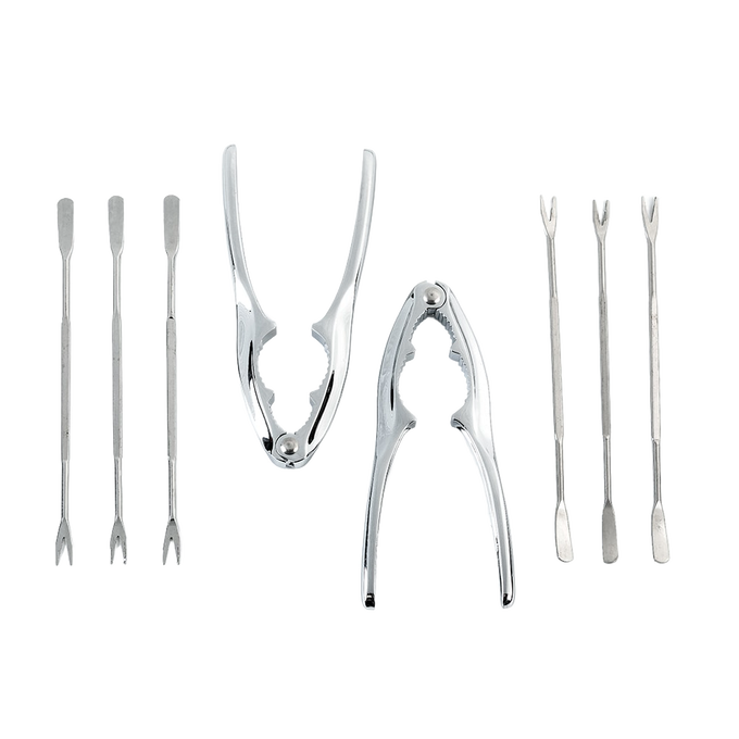 Handcrafted seafood tool set featuring two shiny metal crackers and six double-ended picks designed for clams, oysters, mussels, and shellfish, ideal for Kitchen & Food and Kitchen Gadgets collections.