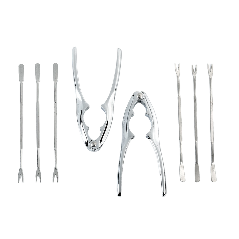Handcrafted seafood tool set featuring two shiny metal crackers and six double-ended picks designed for clams, oysters, mussels, and shellfish, ideal for Kitchen & Food and Kitchen Gadgets collections.