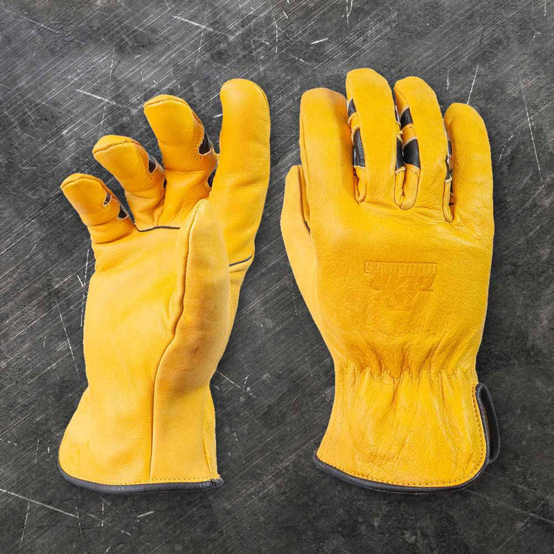 Pair of yellow cowhide work gloves with ergonomic curved fingers and reinforced seams, designed for comfort and durability in Health & Wellness, Farm, Garden & Tool, Hand Tools and Hardware, and Clothing and Accessories collections.