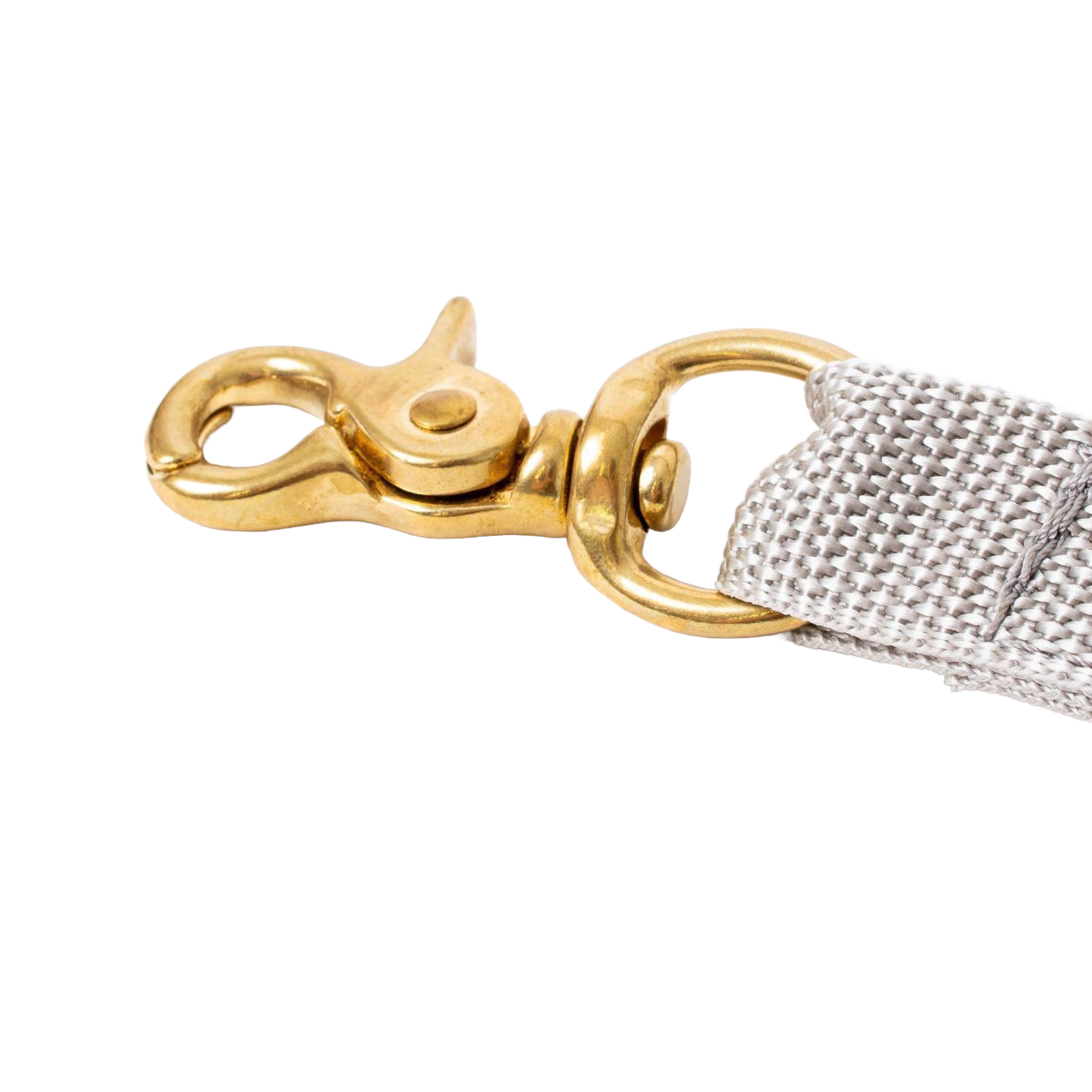 Brass snap hook attached to a beige woven strap, handcrafted and Amish made, ideal for securing clothespin bags in Home & Decor and Clothesline Accessories collections.