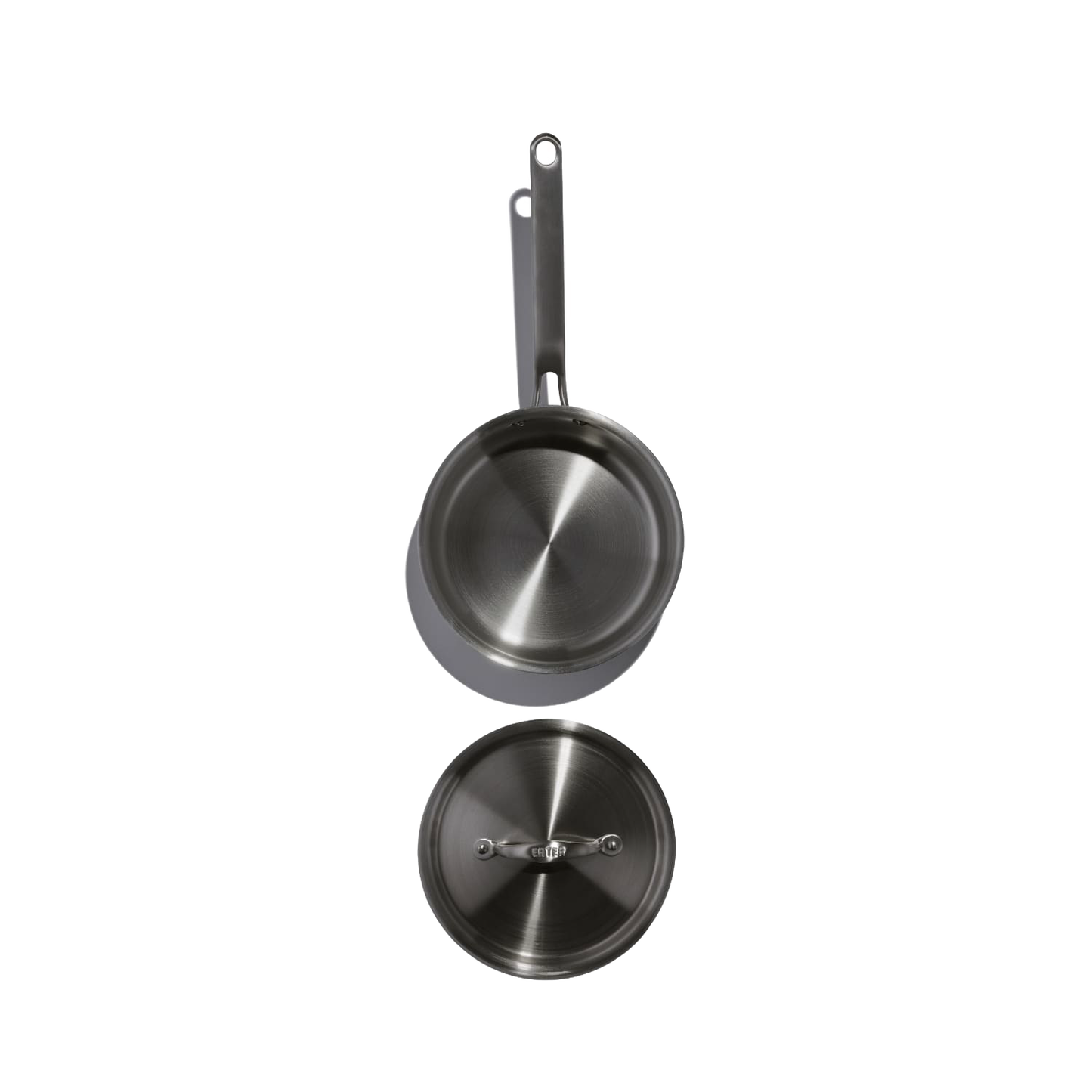 Top-down view of a handcrafted Heritage Steel Eater fully clad stainless steel saucier with lid, showcasing durable design and polished finish for Kitchen & Food, Cookware, Pots and Pans, Best Sellers, and Promo Eligible collections.