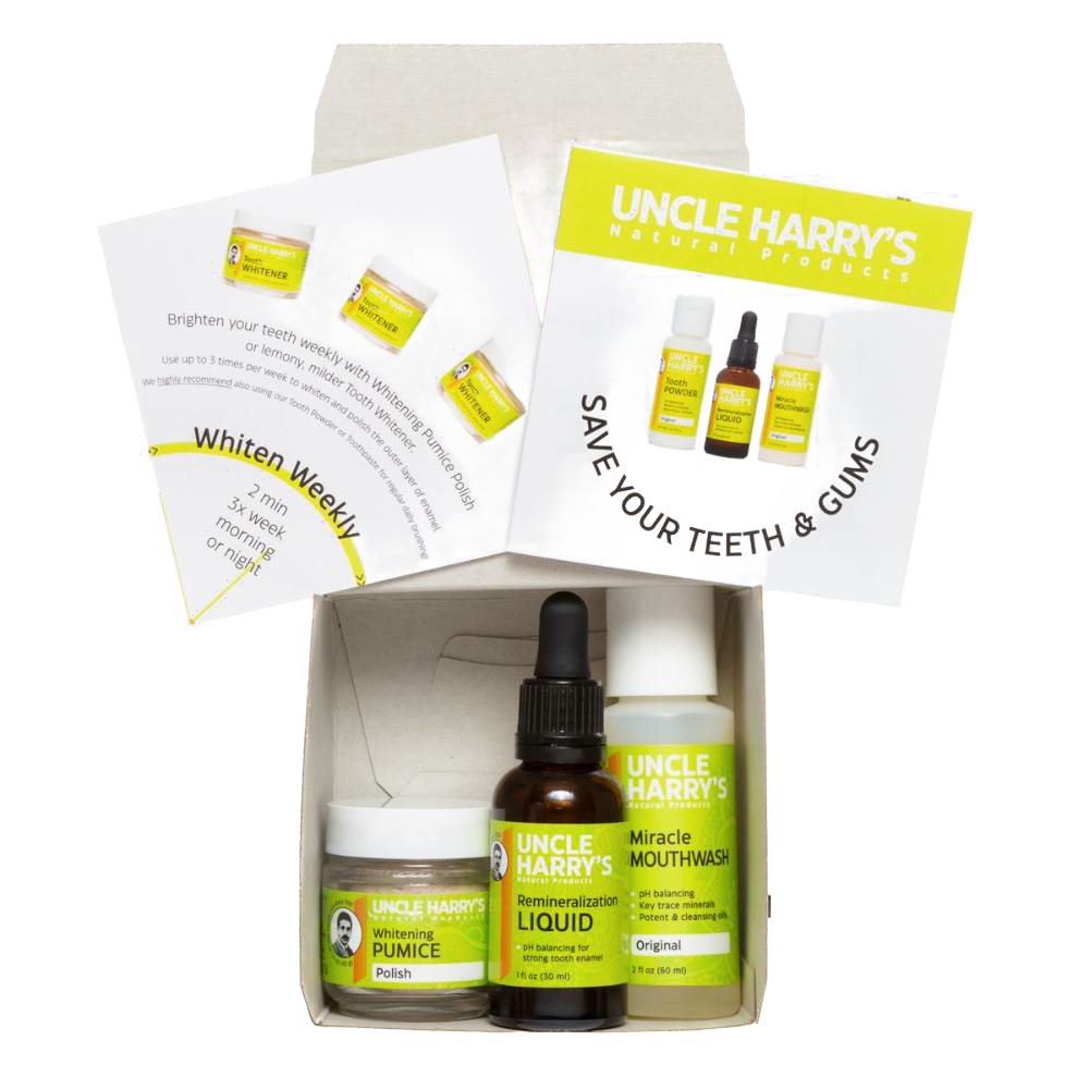Handcrafted remineralization kit made in USA featuring liquid serum, whitening pumice polish, and miracle mouthwash, perfect for Health & Wellness, Grooming and Personal Hygiene, USA Made, Best Sellers, and Promo Eligible collections.