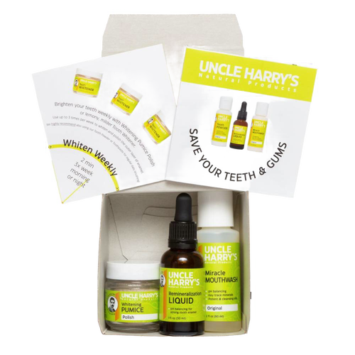 Handcrafted remineralization kit made in USA featuring liquid serum, whitening pumice polish, and miracle mouthwash, perfect for Health & Wellness, Grooming and Personal Hygiene, USA Made, Best Sellers, and Promo Eligible collections.