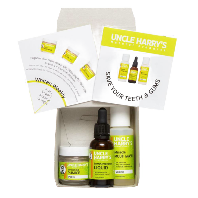Handcrafted remineralization kit made in USA featuring liquid serum, whitening pumice polish, and miracle mouthwash, perfect for Health & Wellness, Grooming and Personal Hygiene, USA Made, Best Sellers, and Promo Eligible collections.