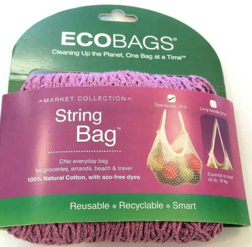 Light purple natural cotton reusable string bag with tote and long handles shown with fresh produce, eco-friendly and ideal for Kitchen & Food, Storage and Serving, Best Sellers, Promo Eligible collections.