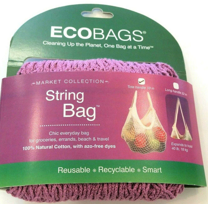 Light purple natural cotton reusable string bag with tote and long handles shown with fresh produce, eco-friendly and ideal for Kitchen & Food, Storage and Serving, Best Sellers, Promo Eligible collections.
