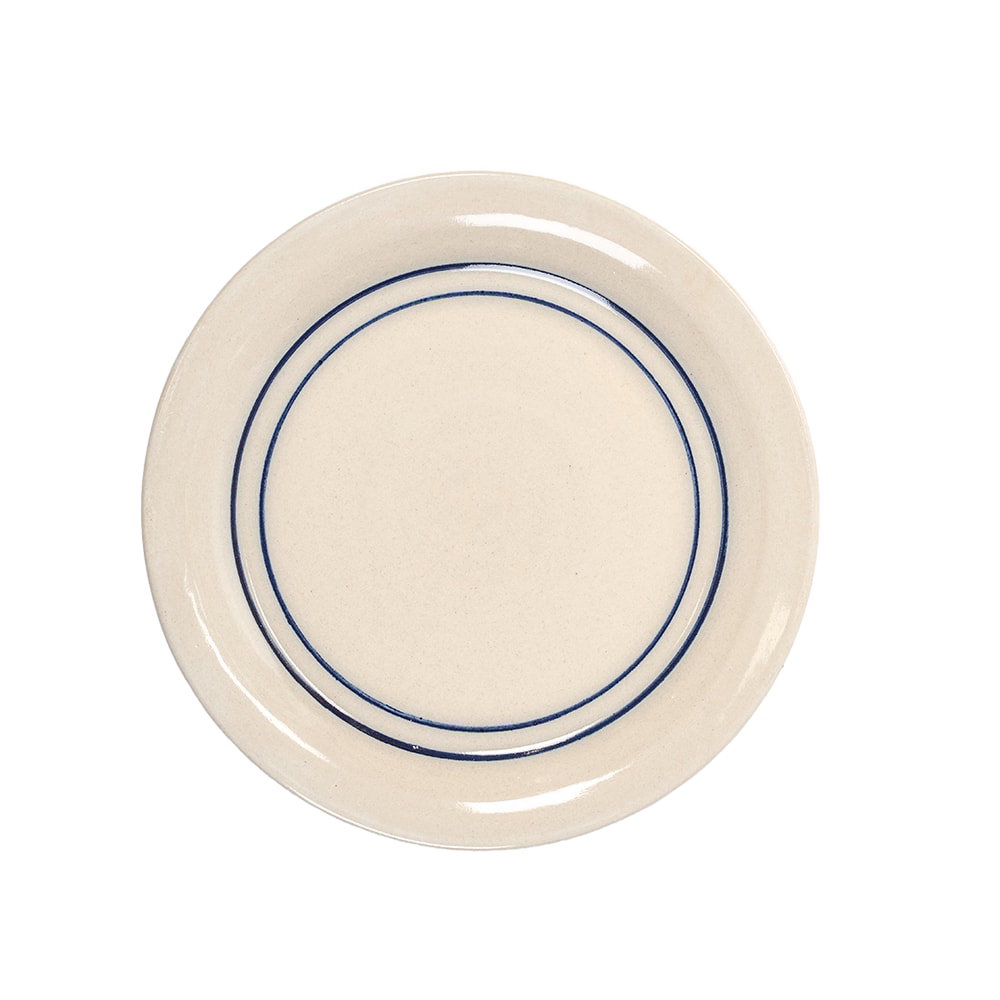 Handcrafted stoneware salad plate with double blue stripes on natural cream background, microwave and dishwasher safe, featured in Kitchen & Food, Dinnerware, USA Made collections.