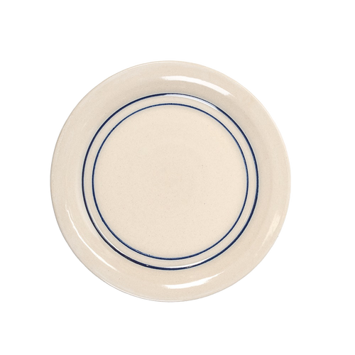 Handcrafted stoneware salad plate with double blue stripes on natural cream background, microwave and dishwasher safe, featured in Kitchen & Food, Dinnerware, USA Made collections.