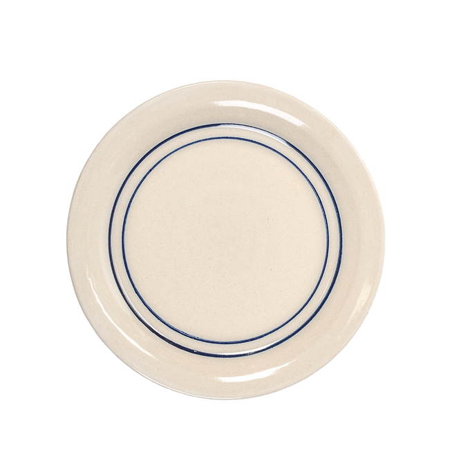 Handcrafted stoneware salad plate with double blue stripes on natural cream background, microwave and dishwasher safe, featured in Kitchen & Food, Dinnerware, USA Made collections.