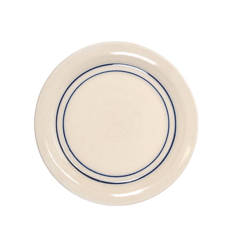 Handcrafted stoneware salad plate with double blue stripes on natural cream background, microwave and dishwasher safe, featured in Kitchen & Food, Dinnerware, USA Made collections.